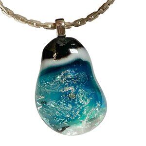 Vintage Dichroic Art Glass Pendant Necklace 24" Silver Plated Chain Aqua Blue